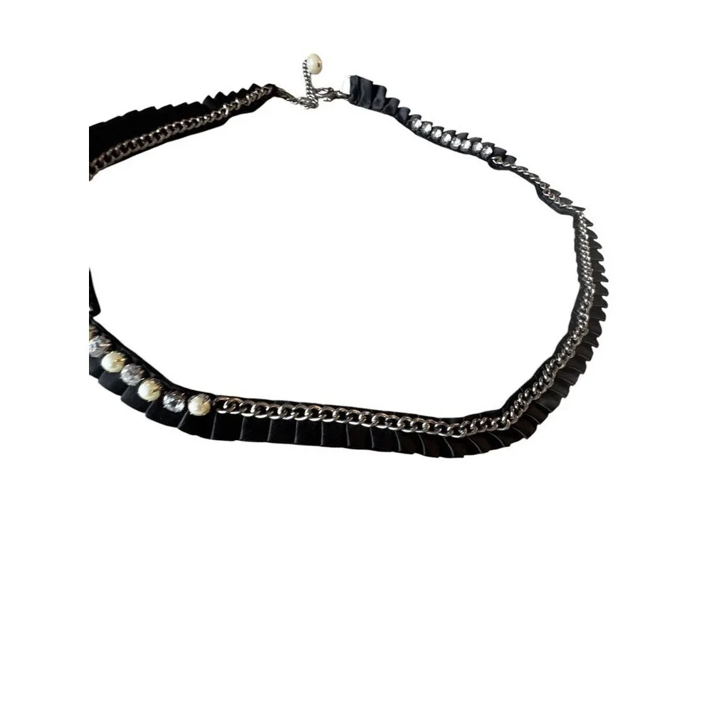 Y2k Vintage grossgrain ribbon belt black with pearl chain rhinestones
